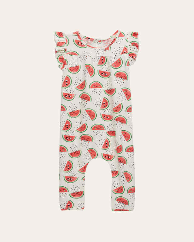 Girl's Watermelon Frill-Trim Jumpsuit, Size 3M-24